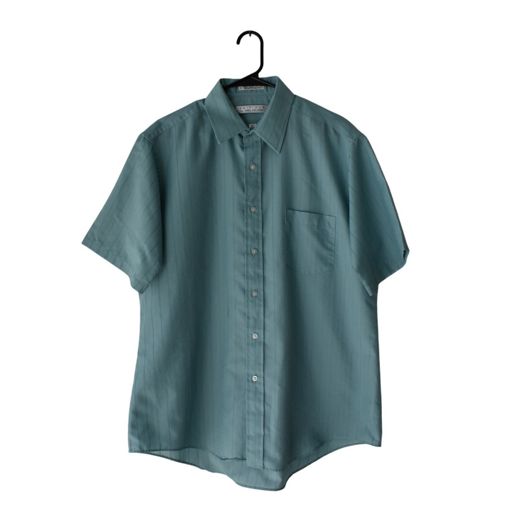 Van Heusen Editions Short Sleeve Button Up Shirt Teal Stripe Pocket Size‎ 16 1/2